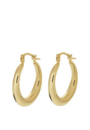 Paar polierte goldfarbene Creolen mit glattem, rundem Design und Klappverschluss, dargestellt vor weißem Hintergrund.