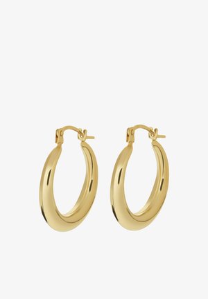 Paar polierte goldfarbene Creolen mit glattem, rundem Design und Klappverschluss, dargestellt vor weißem Hintergrund.