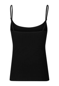 Black camisole top with thin adjustable straps, a rounded neckline, and a smooth, soft texture. No patterns or accents present.