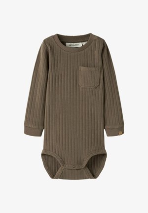 Ribgebreid bodysuit met lange mouwen in gedempt bruin, voorzien van een buidelzakje en drukknoopsluitingen aan de onderkant voor gemakkelijk verschonen.