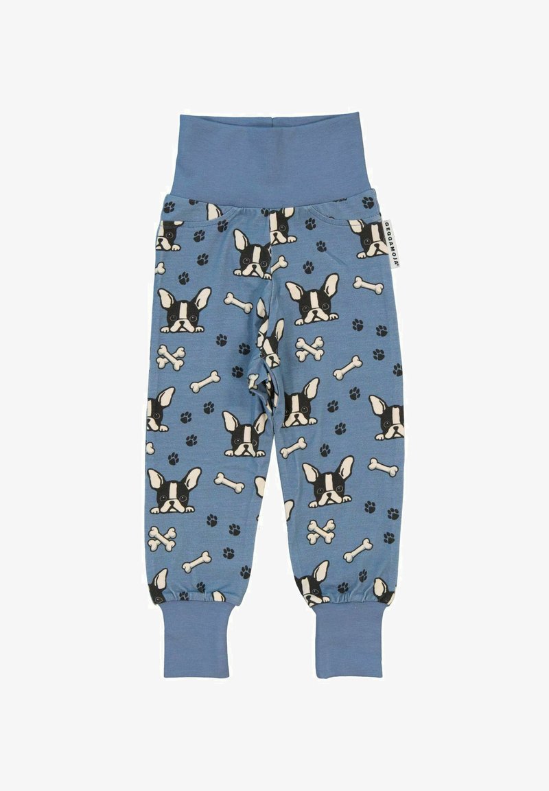 Siniset lasten housut, jotka on valmistettu pehmeästä kankaasta. Niissä on kuvio ranskalaisten bulldoggien päistä, luista ja tassunjäljistä. Vyötäröllä ja lahkeissa on joustava resori.