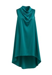 Vestido sin mangas en color teal con escote drapeado, silueta fluida y diseño de dobladillo asimétrico, hecho de una tela suave y liviana.