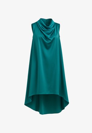 Abito senza maniche color teal con collo drappeggiato, silhouette fluida e design orlo alto-basso, realizzato in tessuto morbido e leggero.