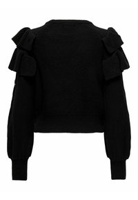 Pull en maille noire avec manches longues et trois volants superposés sur chaque épaule, poignets et ourlet côtelés, vu de dos.