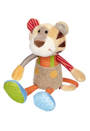 Weiches Stofftier Tiger mit Patchwork-Stoff, gestreiften und gepunkteten Mustern, aufgenähten Gesichtszügen und bunten Gliedmaßen in sitzender Position.