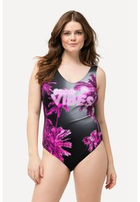 Costume da bagno intero nero con grandi grafiche di palme rosa e testo bianco "summer VIBES" sul petto. Tessuto liscio e elastico.