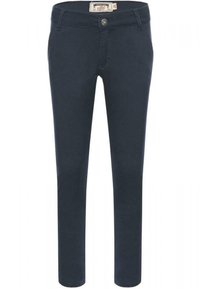 Pantaloni slim-fit blu navy scuro realizzati in un morbido tessuto misto cotone elasticizzato, con chiusura frontale a bottone e zip, e due tasche laterali.