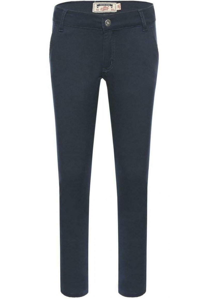 Pantaloni slim-fit blu navy scuro realizzati in un morbido tessuto misto cotone elasticizzato, con chiusura frontale a bottone e zip, e due tasche laterali.