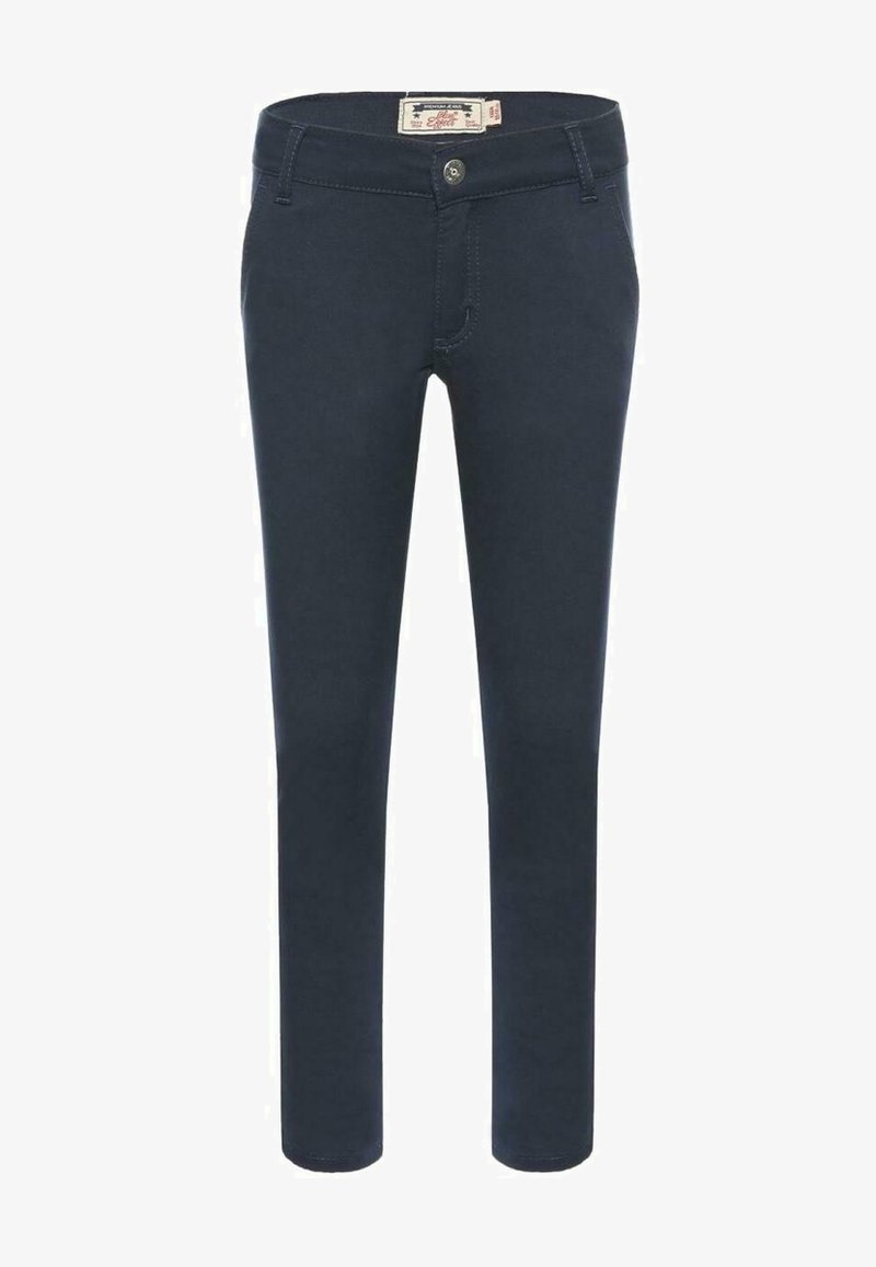 Pantalons slim fit bleu marine foncé en tissu en coton extensible, dotés d'une fermeture à bouton et à glissière à l'avant, avec deux poches latérales.