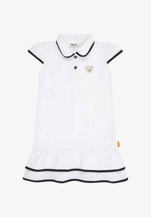 Bílé polo šaty s krátkými nabíranými rukávy, černým lemem, knoflíkovým zapínáním a vyšívanou nášivkou medvěda na hrudi. Volánkový lem.