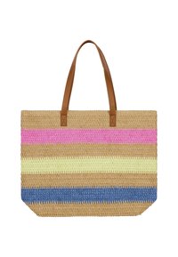 Stro tote tas met roze, gele en blauwe strepen. Beschikt over bruine leren handvatten, rechthoekige vorm en een gestructureerd oppervlak.