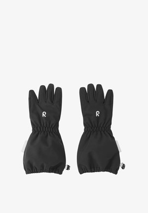 Para czarnych ocieplanych rękawic z elastycznymi nadgarstkami, przedłużonymi mankietami i małym białym logo na grzbiecie każdej dłoni.