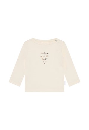 Cremfarbiges Langarm-Babyleibchen mit Druckknopf an der Schulter und mehrfarbigem Text "Heute wird gut" mit einem Smiley-Gesicht auf der Vorderseite.