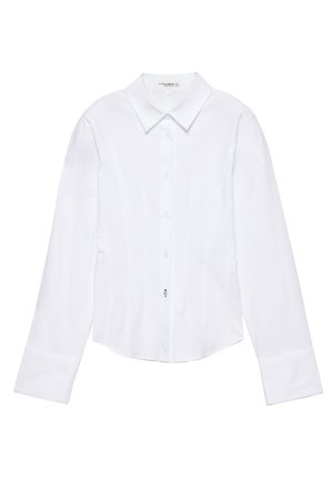 Bela dolga srajca z dolgimi rokavi, izdelana iz gladkega bombaža. Ima klasičen ovratnik, zaponko na gumbih in prilagojen kroj z rahlimi stranskimi šivi.