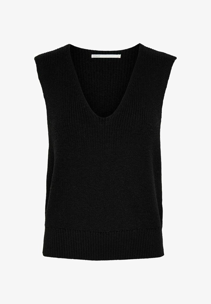 Gilet en maille noire sans manches avec col en V et ourlet côtelé, étiqueté "ONLY" à l'intérieur du col.