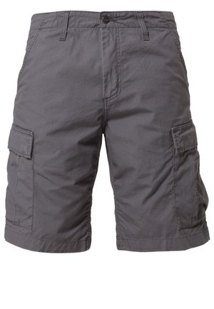 Short cargo gris avec poches avant, poches latérales à rabat, passants de ceinture et fermeture par bouton à la taille.