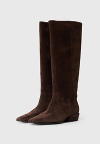 Bottes en daim marron jusqu'au genou avec un bout pointu et un petit talon empilé. Texture lisse, couture minimale et aucun matériel ou accent visible.