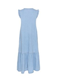 Gaiši zils džinsa kleita ar izplešamu apakšdaļu, čūsku īsām piedurknēm un sānu kabatām. Slejas vienkārši ar taisnu dizainu un teksturētu audumu.