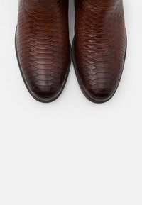 Pár leštěných tmavě hnědých kožených bot s motivem hadí kůže, pohled zeshora na bílém pozadí.