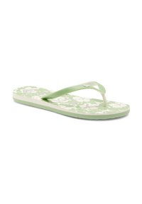 Chanclas verde claro con un patrón floral blanco en la suela y correas verdes simples, en ángulo sobre un fondo blanco.