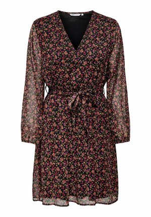 Robe longue à manches longues noire avec des petites fleurs roses et violettes, décolleté en V, boutons sur le devant et ceinture à nouer à la taille.