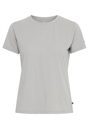Camiseta de manga corta gris claro, fabricada con tejido que absorbe la humedad, con una superficie texturizada y un cuello redondo. Pequeño logo en la manga.