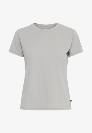 Svetlo siva majica s kratkimi rokavi, izdelana iz tkanine, ki odvaja vlago, z strukturirano površino in krožnim izrezom. Majhen logo na rokavu.