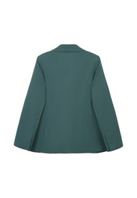 Blazer verde con vestibilità su misura, caratterizzato da un colletto a scollo a V, maniche lunghe e una texture liscia. La vista posteriore mostra cuciture a principio e un design semplice.