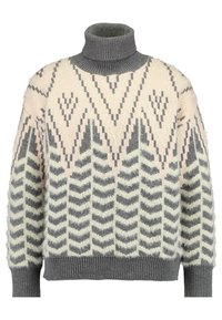 Stickad polotröja med en färgpalett av pastellrosa, grått och krämfärgat, med geometriska och zigzagmönster. Mjuk, texturerad väv.