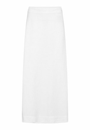 Bijela suknja do koljena izrađena od lagane tkanine. Ima glatku teksturu i jednostavan, ravni dizajn s pojasom. Bez uzoraka ili ukrasa.