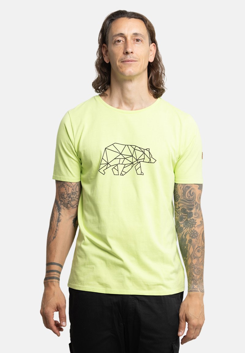 Lime green cotton t-shirt with a geometric bear outline graphic. Short sleeves and a crew neck. Features a relaxed fit and smooth texture.