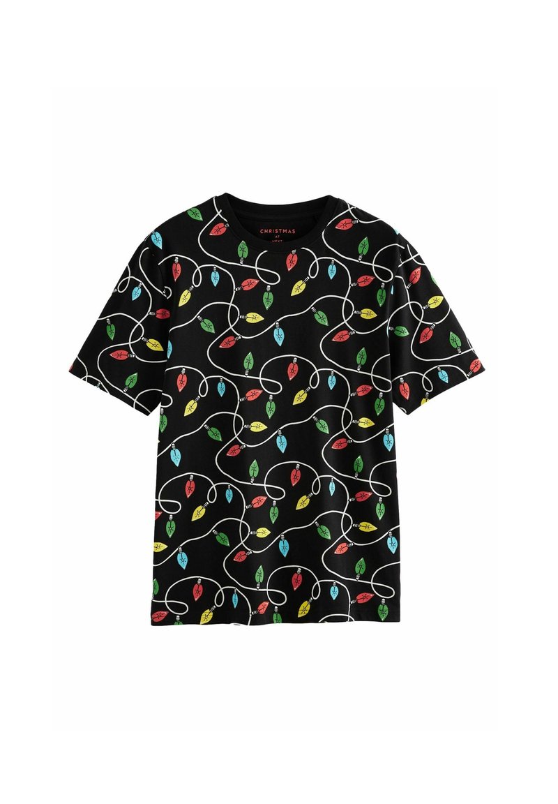 Sort bomulds t-shirt med et farverigt julelys mønster, inklusive røde, grønne, blå og gule accenter på hvid snor. Korte ærmer.