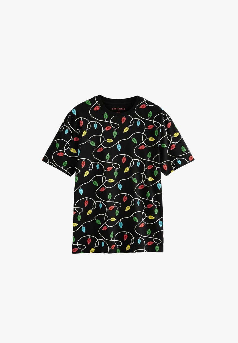 Schwarzes Baumwoll-T-Shirt mit einem bunten Weihnachtslichter-Muster, einschließlich roten, grünen, blauen und gelben Akzenten auf einem weißen Kabel. Kurze Ärmel.