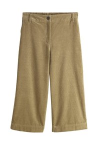 Khaki corduroy culotte pants with a textured finish, featuring a button closure and an elastic waistband. Wide legs extend to mid-calf.