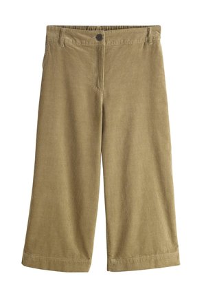 Khaki corduroy culotte pants with a textured finish, featuring a button closure and an elastic waistband. Wide legs extend to mid-calf.