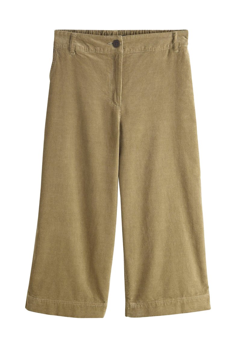 Khaki corduroy culotte pants with a textured finish, featuring a button closure and an elastic waistband. Wide legs extend to mid-calf.