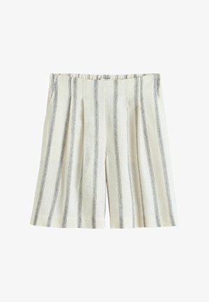 Cremefarbene Shorts mit vertikalen schwarzen Streifen, vorderen Falten, Seitentaschen und elastischem Bund.