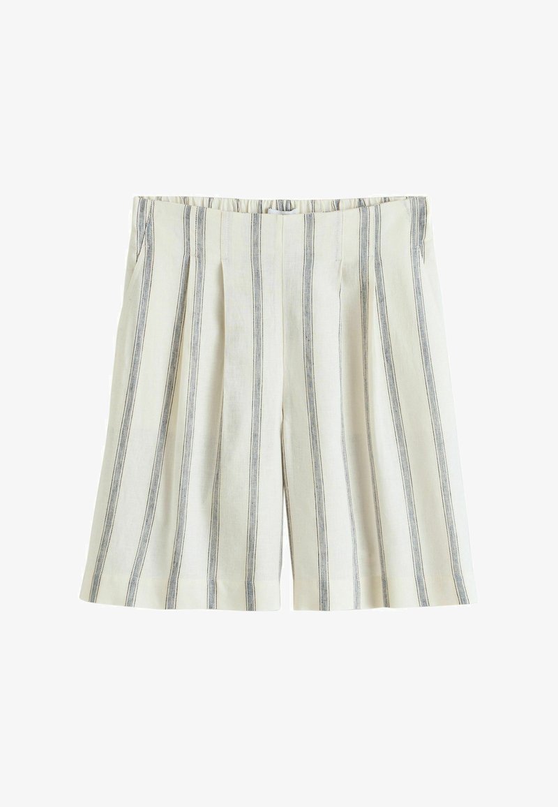 Shorts de couleur crème avec des rayures noires verticales, des plis à l'avant, des poches latérales et une ceinture élastique.