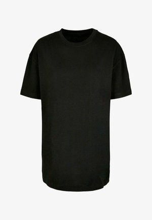 Fekete pamut póló, laza szabással, rövid ujjakkal és kerek nyakkivágással; sima textúrával; minta vagy élvédő nélkül.