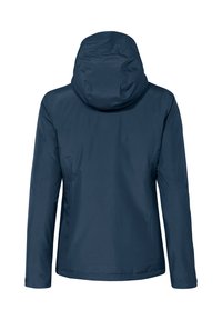 Marineblaue Kapuzenjacke aus glattem, leichtem Material, mit einem schlichten Design ohne sichtbare Verschlüsse oder Logos auf dem Rücken.