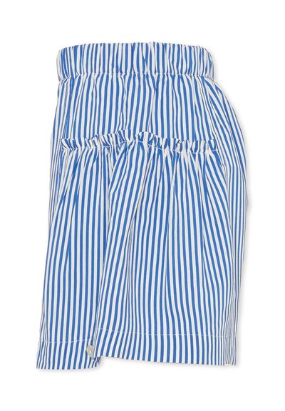 Niebiesko-białe szorty w paski z elastycznym pasem, z zakładkami z przodu i przeszywanym dołem. Lekka tkanina o gładkiej fakturze.