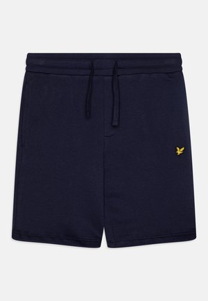 Pantaloni corti blu navy con vita elasticizzata e cordino, dotati di un piccolo logo giallo e in morbido cotone.