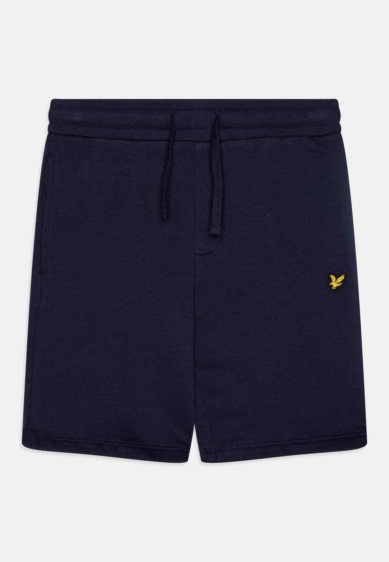 Dunkelblaue Shorts mit elastischem Bund und Kordelzug, ausgestattet mit einem kleinen gelben Logo-Detail und glattem Baumwollstoff.