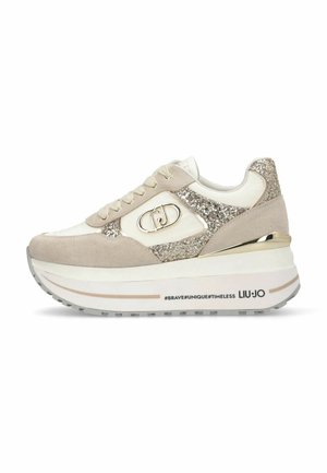 Zapatillas de plataforma beige y crema con acentos de glitter, parte superior con cordones, logo metálico en el lateral y suela personalizada con el texto #Brave#Unique#Timeless LIU·JO.