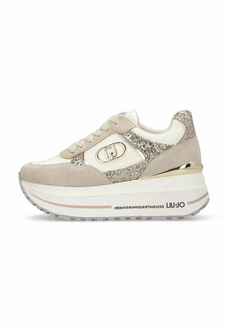 Bež i krem platform tenisice s glitter detaljima, vezanje sprijeda, metalni logo sa strane i brendirana potplata s tekstom #Odvažan#Jedinstven#Vječn LIU·JO.