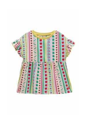 Rochie de bebeluș cu mâneci scurte, cu dungi verticale multicolore care prezintă mere, pere, cireșe, flori și un decolteu cu tiv galben.