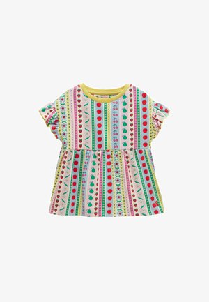 Kortærmet babykjole med flerfarvede lodrette striber, der indeholder æbler, pærer, kirsebær, blomster og en gul kant ved halsudskæringen.