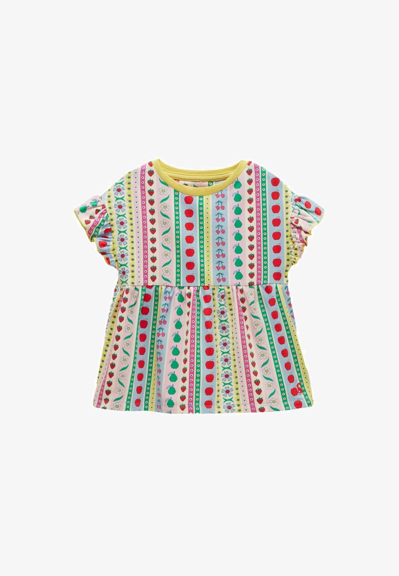 Robe bébé à manches courtes avec des rayures verticales multicolores ornées de pommes, poires, cerises, fleurs, et un col bordé de jaune.