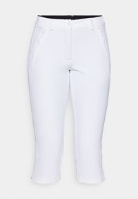 Pantalones de mujer blancos de longitud media con bolsillos laterales con cremallera, cierre de botón, trabillas para cinturón y diseño ajustado.