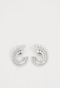 Silver-tone earrings featuring a curved design, adorned with pearls and clear rhinestones in various cuts, adding texture and detail.